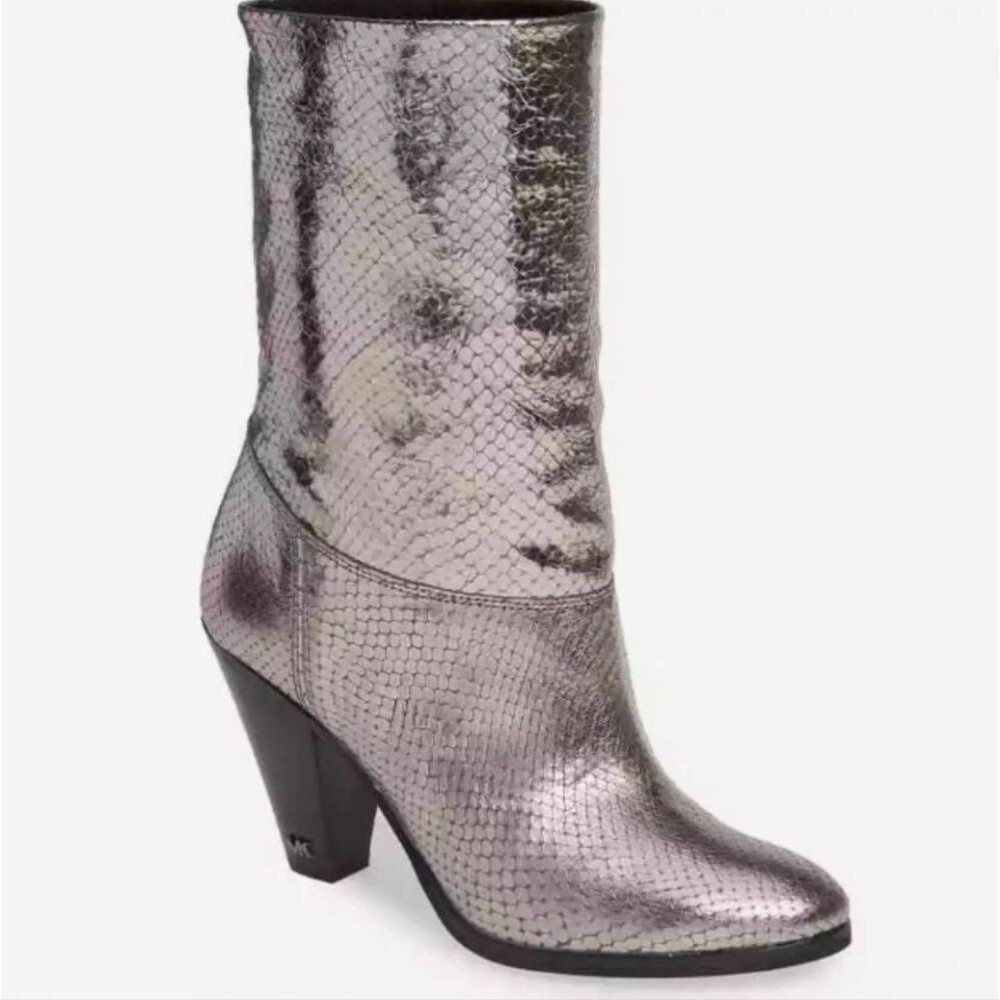 NEW MK Womens Boots Divia Silver Metallic Leather Boot Slouch Snake Disco 7.5M